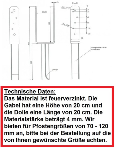 Pfostenträger T-Stahldolle Weite: 91 mm